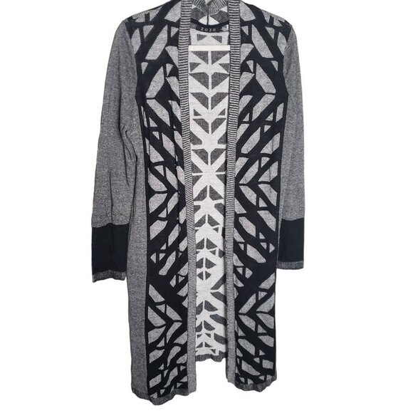 ZOZO woman Size L Long Cardigan Linen Viscose blend Geometric print Open Front - Picture 2 of 5